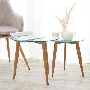 Modernes rundes Glastisch-Set (2er) mit Holzbeinen im Wohnzimmer. Ideal als Couch- oder Beistelltische.