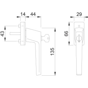Technische Zeichnung: Hoppe Fenstergriff, abschließbar, Alu Silber, mit Maßangaben.