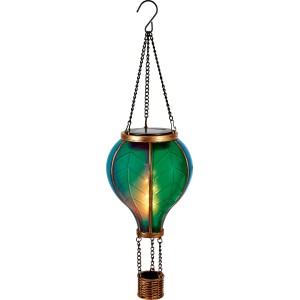 LED Solar-Dekoleuchte Palloni, 2er-Set Heißluftballons in Grün und Lila mit Flammeneffekt.