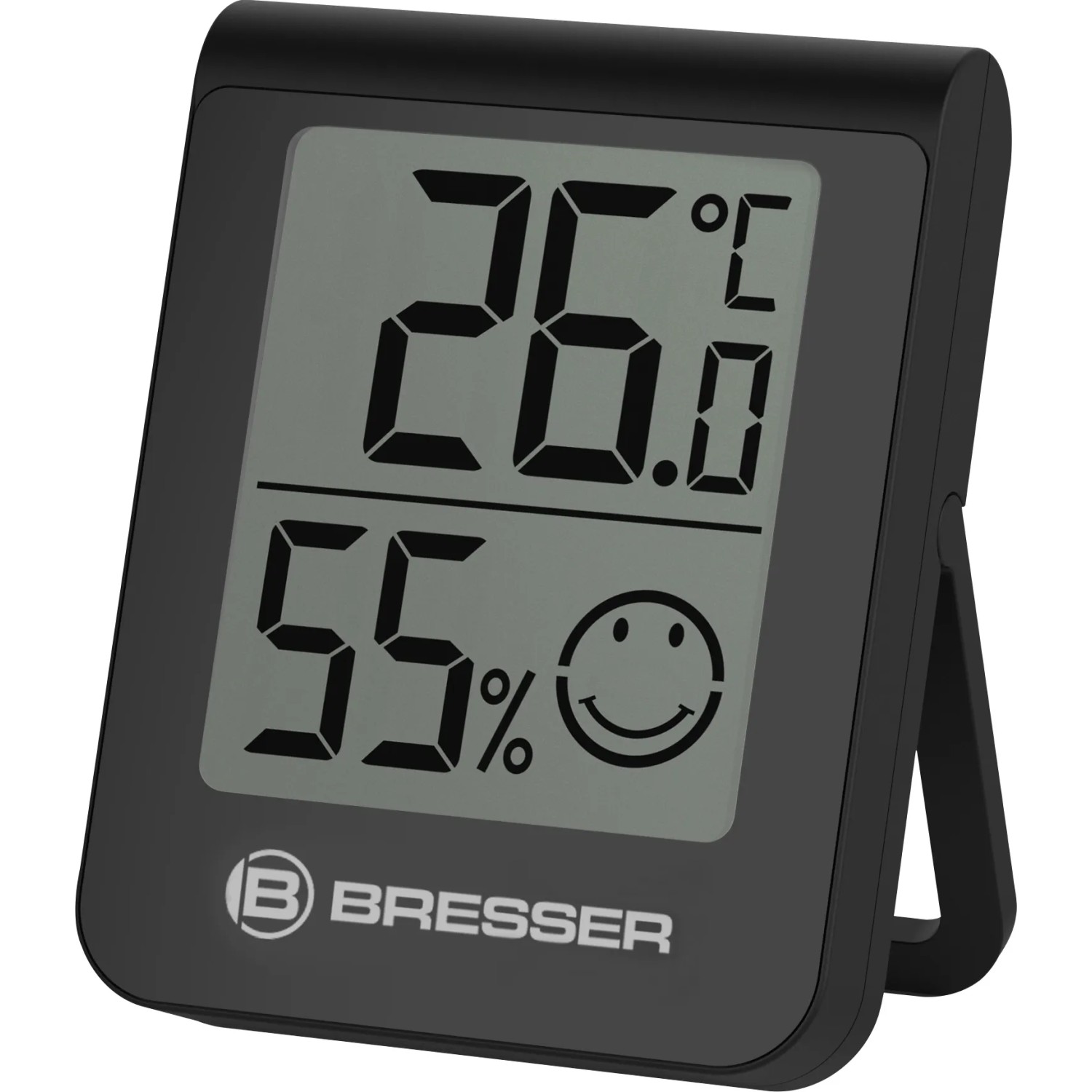 BRESSER Thermo-Hygrometer 3er-Set, schwarz, zeigt Temperatur 26°C und Luftfeuchte 55% mit Smiley.