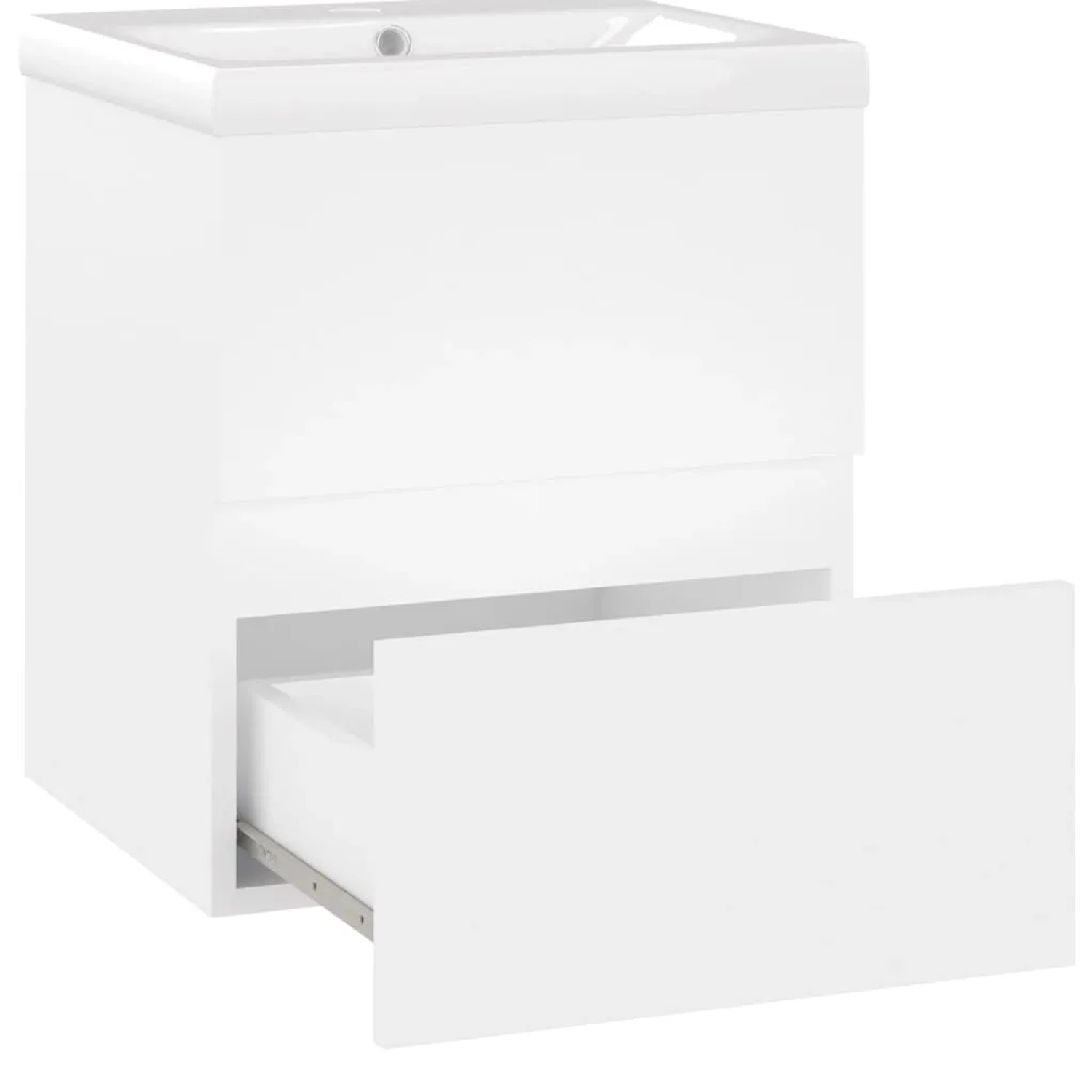 Weißer Waschbeckenunterschrank mit Einbaubecken aus Holzwerkstoff, eine Schublade offen. Modernes Badmöbel.