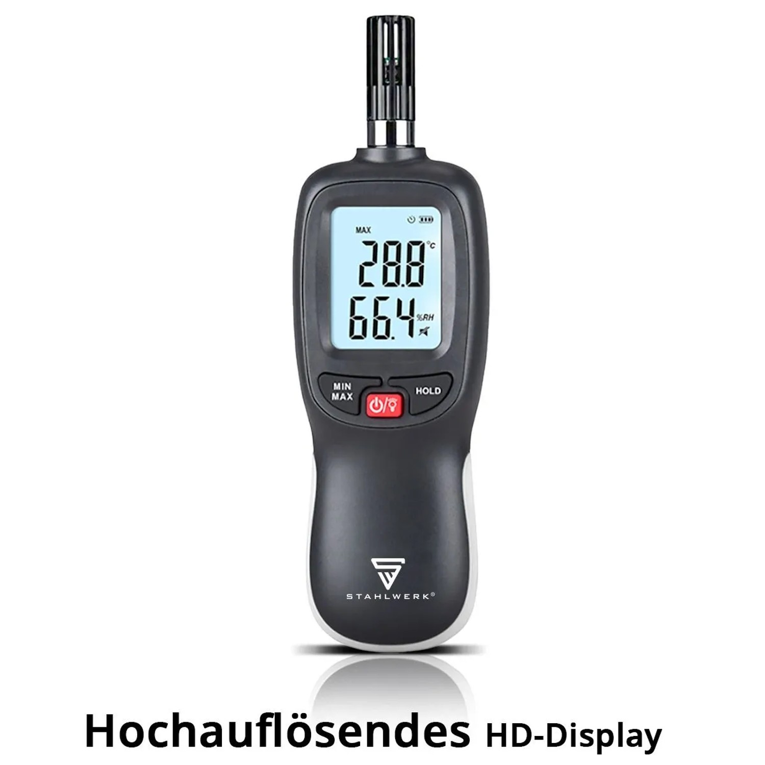 Digitales STAHLWERK Luftfeuchtigkeits- und Temperaturmessgerät mit HD-Display, zeigt 28.8 °C und 66.4 %RH.