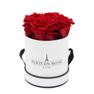 Rosenbox mit 4 bordeauxfarbenen Rosen in weiß-schwarzer Box (Ø 10cm).
