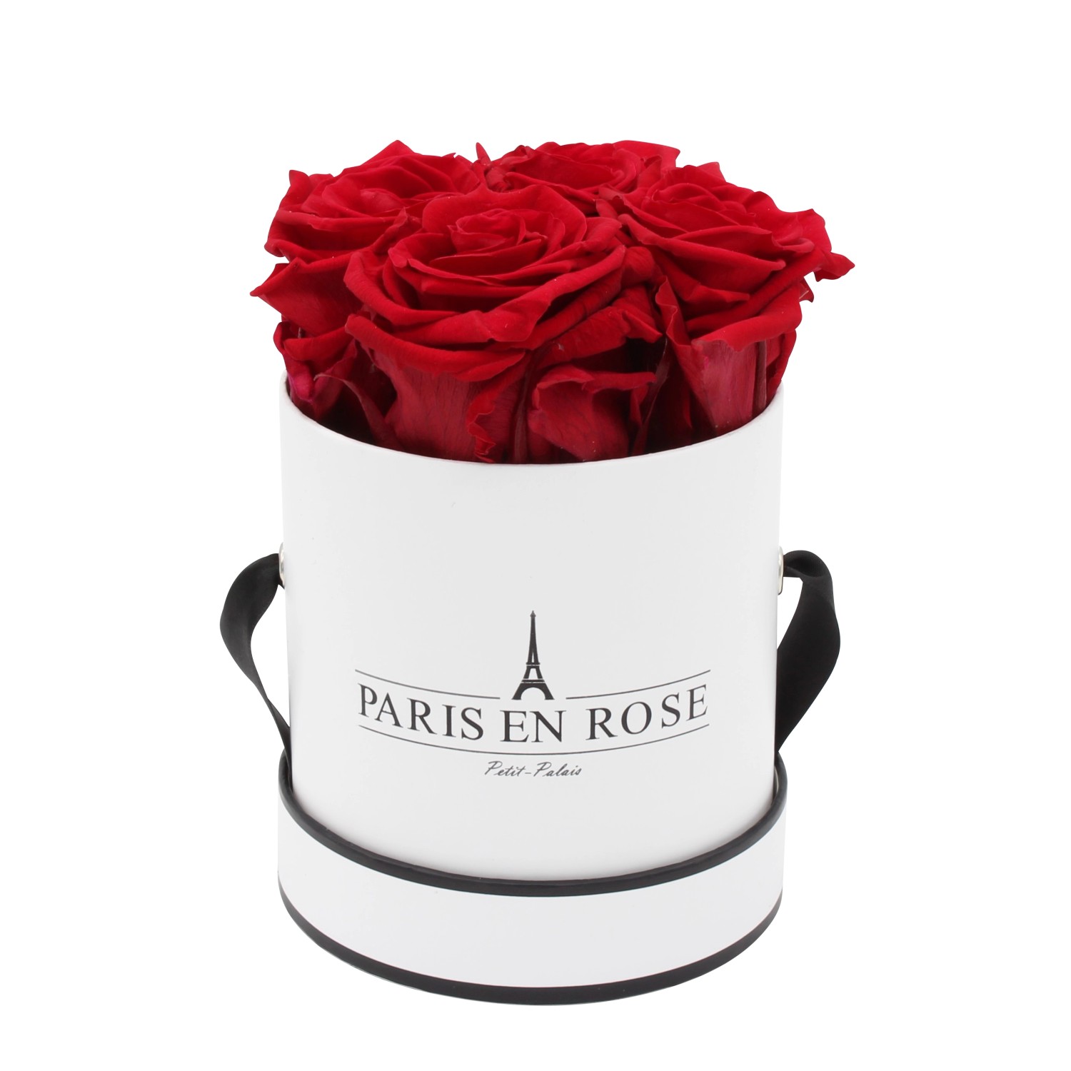 Rosenbox Ø 10 cm Weiß-Schwarz mit 4 Bordeaux Rosen