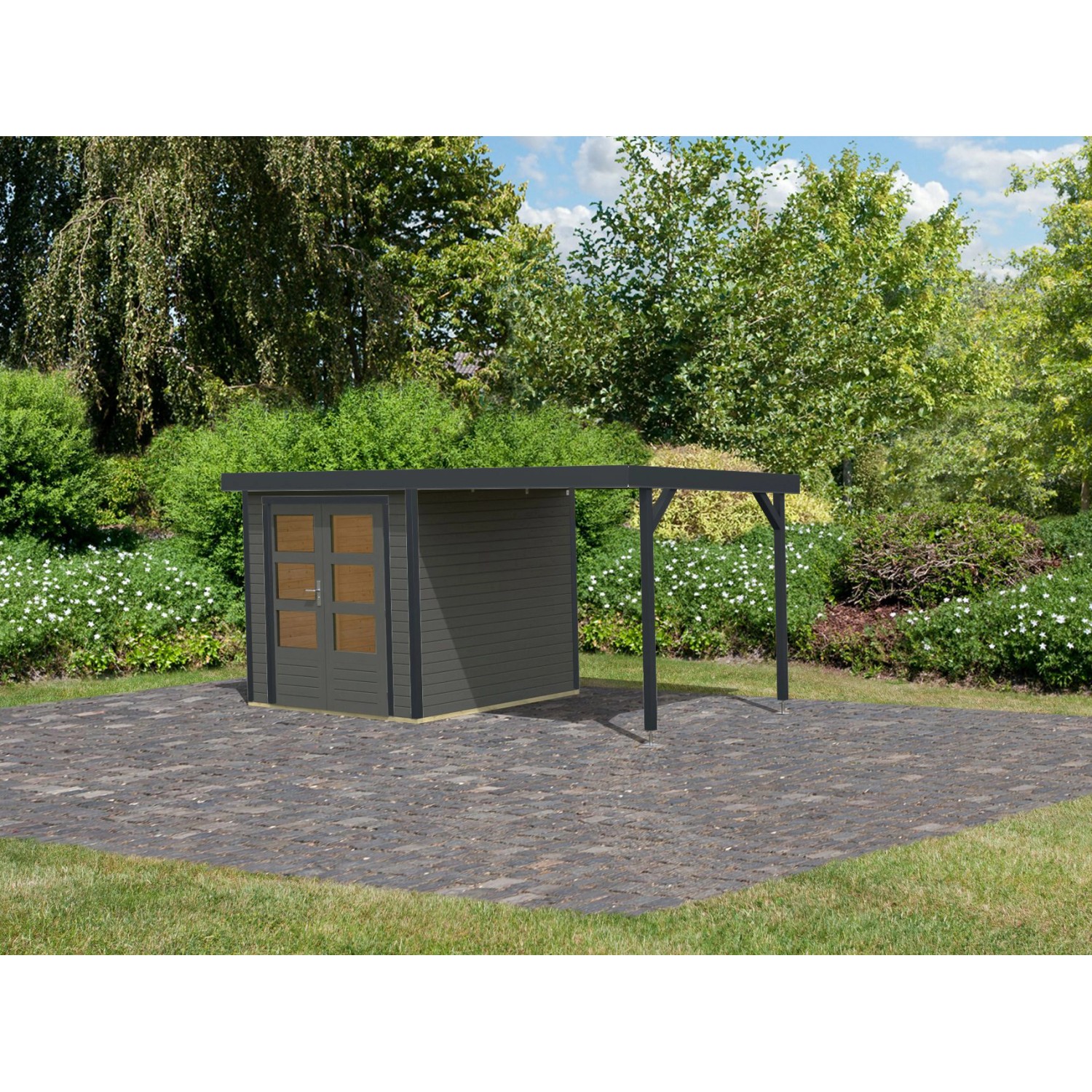 Karibu Gartenhaus Set Ernesto B, terragrau-anthrazit, mit Anbaudach (4,45 m²).