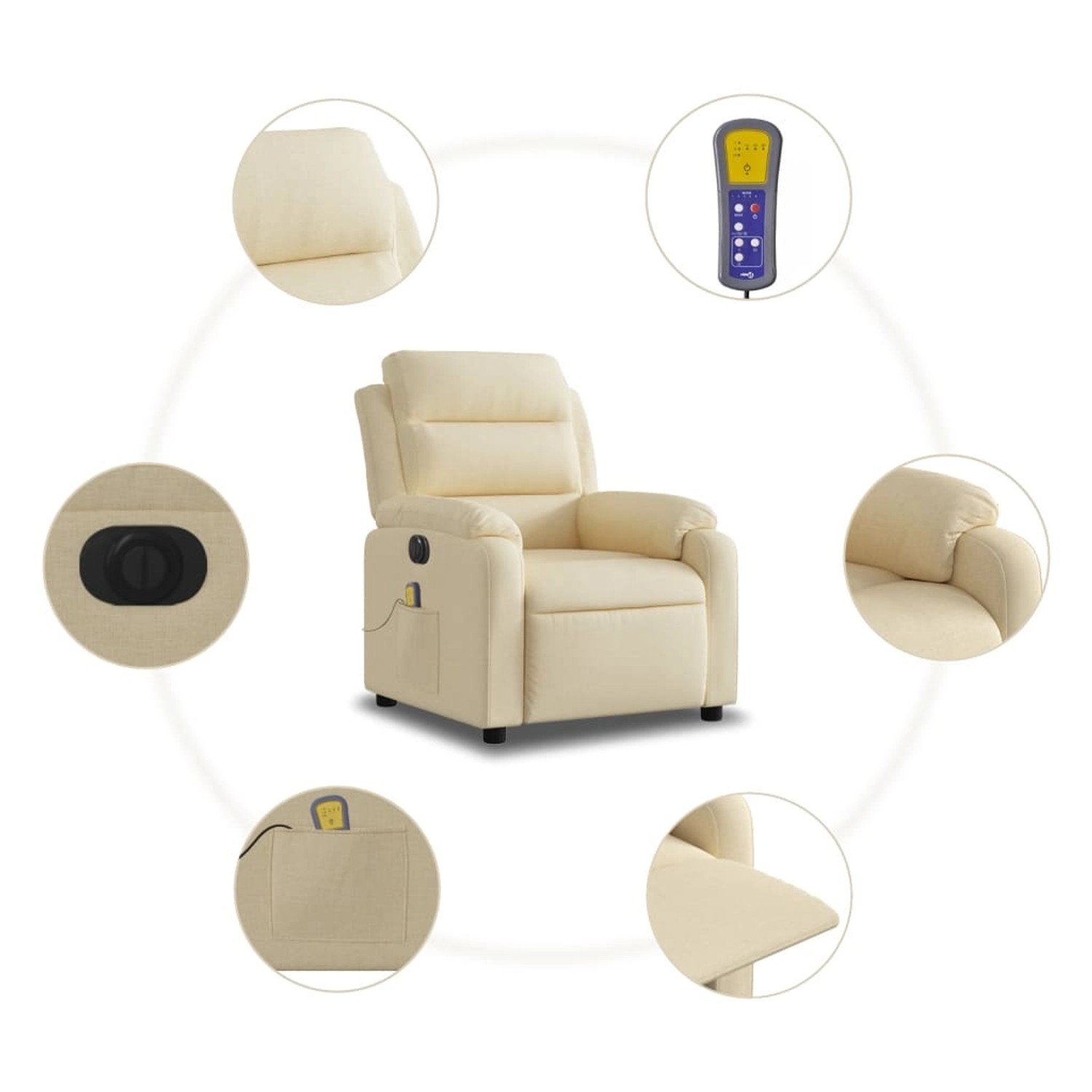 Elektrischer Massagesessel in Creme mit Fernbedienung und Details.