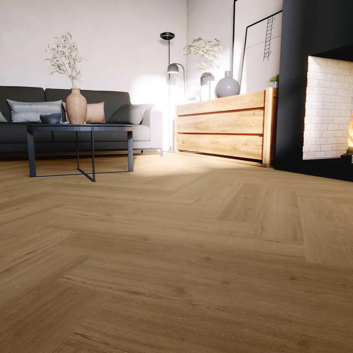 Anaturo Rigid-Vinylboden Mio 55 Eiche Barletta Fischgrät in Wohnraum-Szene.