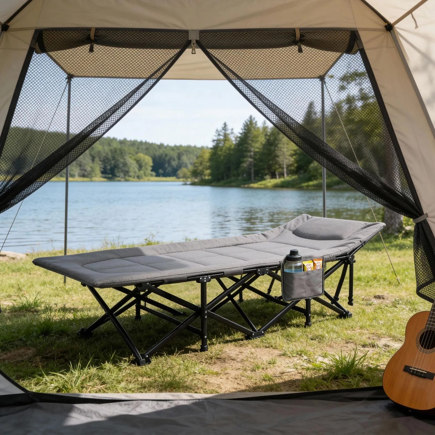 Sekey Feldbett mit Matratze, Campingbett im Grünen mit See im Hintergrund.