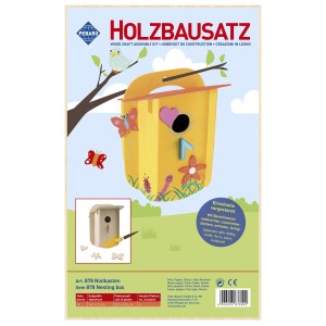 Pebaro Holzbausatz Nistkasten: Bausatz mit gelbem Vogelhaus, Deko und Anleitung.