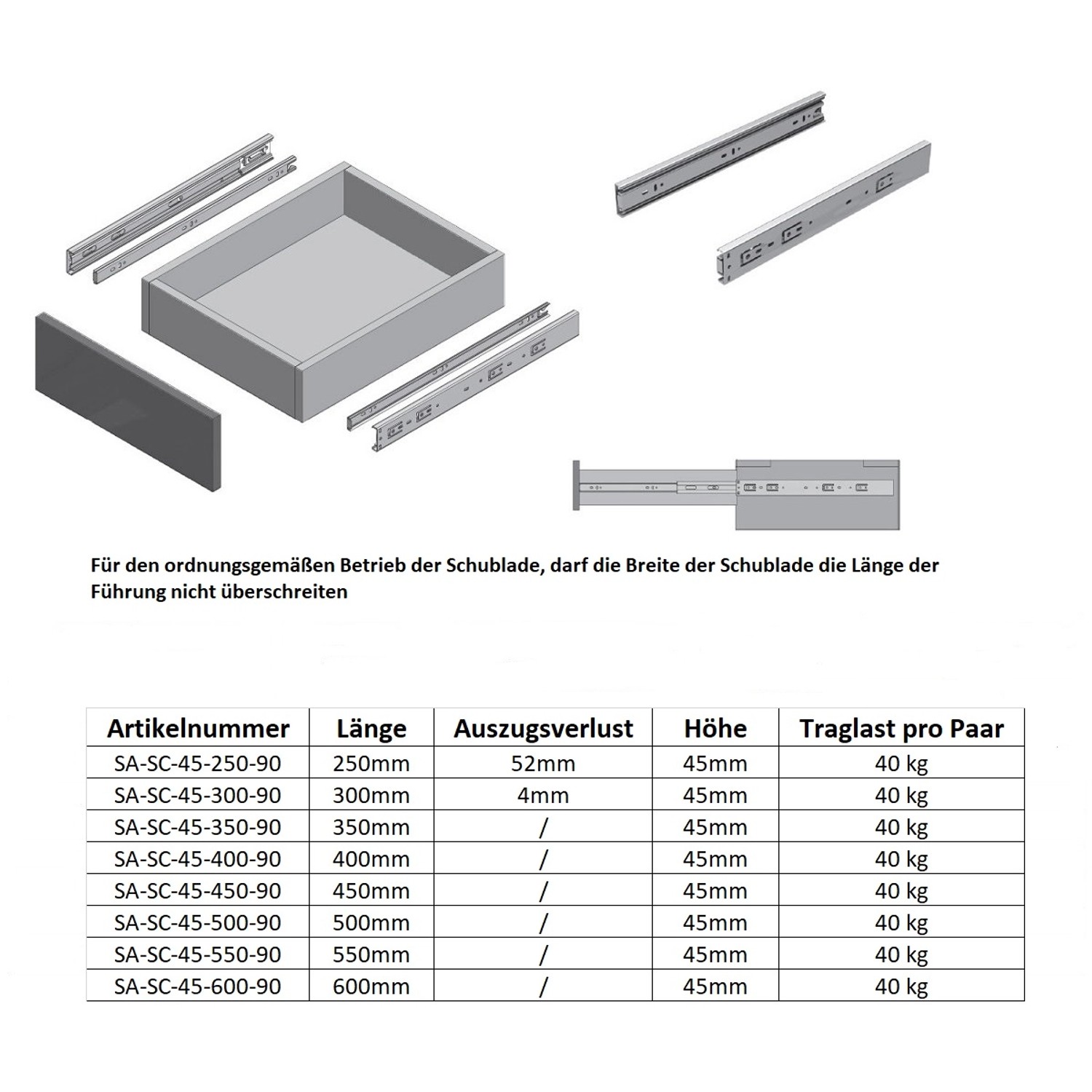 MS Beschläge Schubladenauszug, schwarz, Vollauszug, 600 mm, Tragkraft 30 kg.