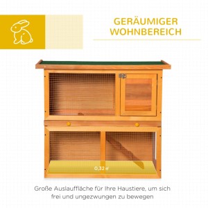 PawHut Hasenstall aus Tannenholz, 90x45x80 cm, mit zwei Ebenen und Freilaufgehege.