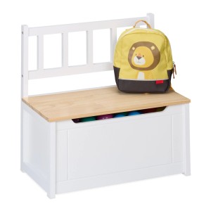 Relaxdays Kinderbank MDF Kiefernholz Weiß Braun mit Stauraum Rückenlehne Softclose 55 cm x 57 cm x 31 cm 5,8 kg