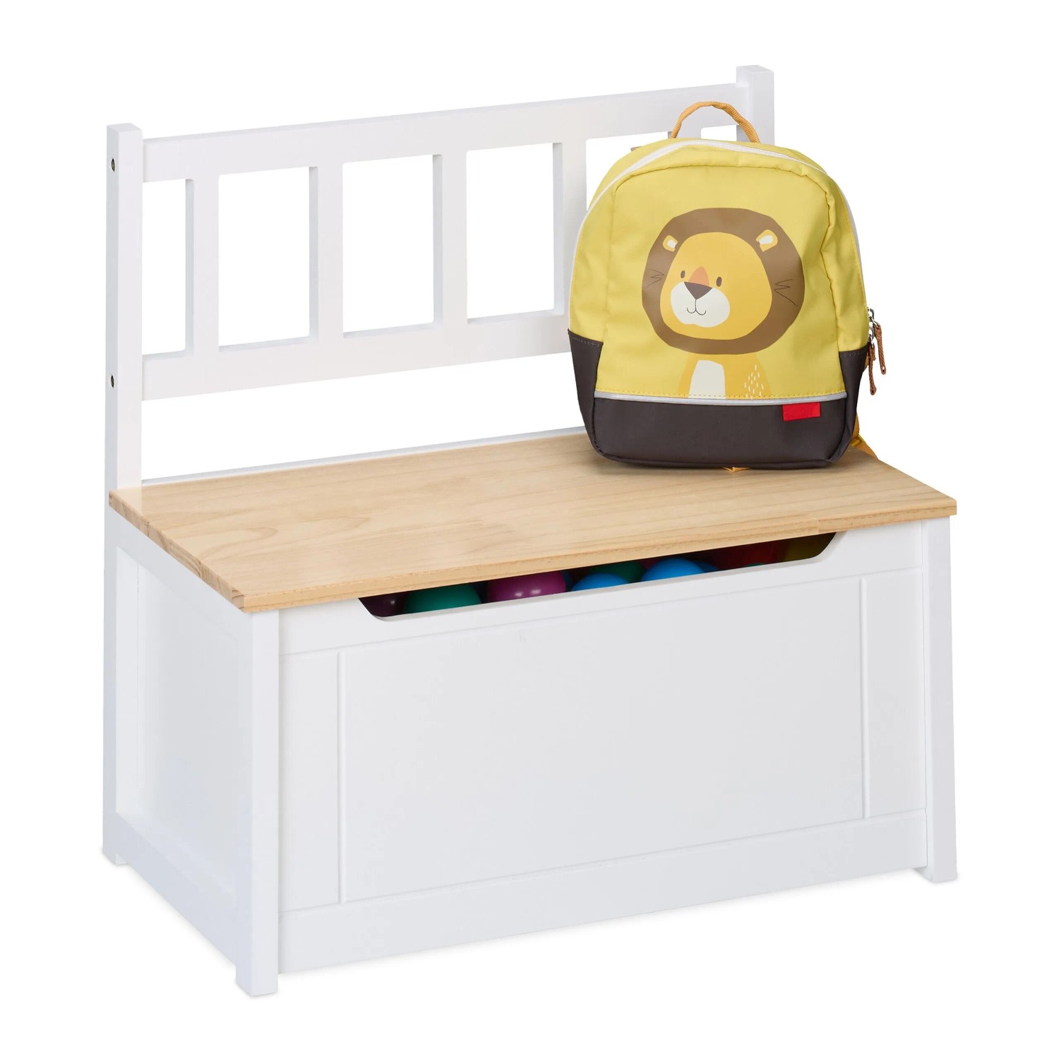 Relaxdays Kinderbank MDF Kiefernholz Weiß Braun mit Stauraum Rückenlehne Softclose 55 cm x 57 cm x 31 cm 5,8 kg