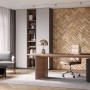 Büro mit Rebel of Styles Holzverblender UltraWood Teak Herringbone in Braun als Wandgestaltung.