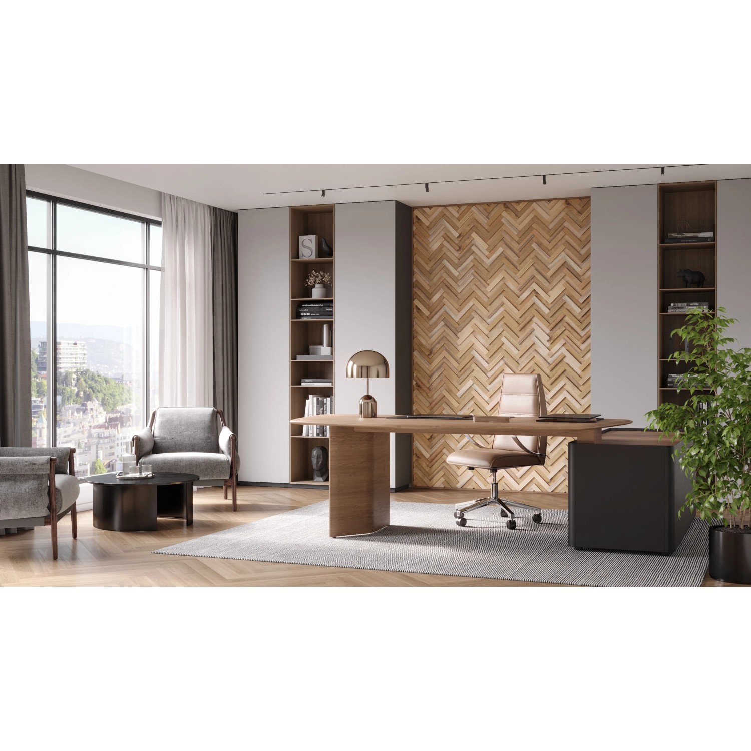 Büro mit Rebel of Styles Holzverblender UltraWood Teak Herringbone in Braun als Wandgestaltung.