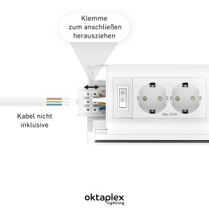 Detailaufnahme der Oktaplex LED Unterbauleuchte mit Steckdose und Anschlussklemme.
