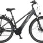 Graues Fischer E-Bike Viator 5.0i mit Trapezrahmen und Gepäckträger.