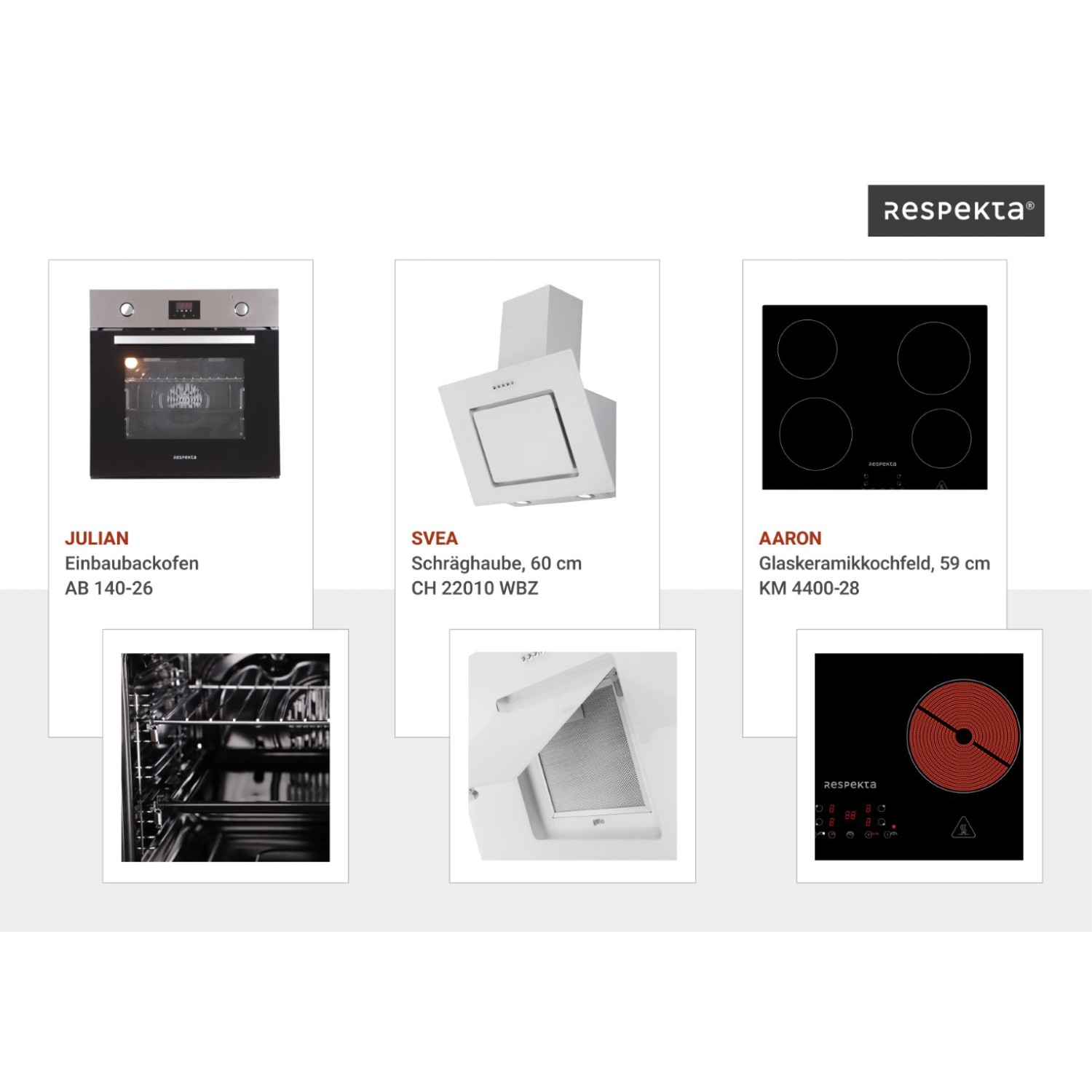 Respekta Küchenzeile Gabriel 290 cm: Einbaubackofen, Schräghaube und Glaskeramikkochfeld im Überblick.