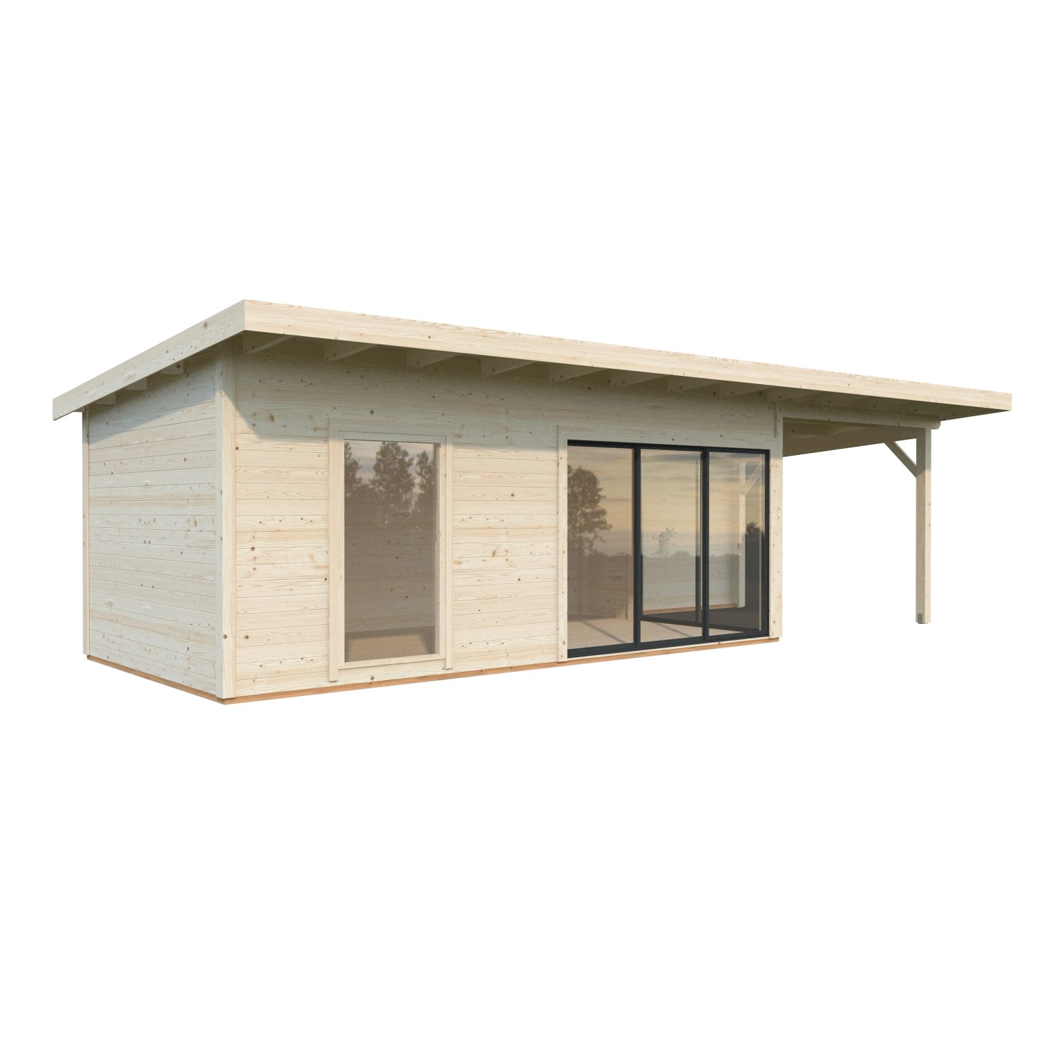 Naturbelassenes Palmako Gartenhaus Andrea mit Schiebetüren und überdachtem Anbau.