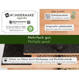 WONDERMAKE Insektenhotel bellabee1 aus Eukalyptusholz mit Dachpappe, Papphülsen und Bambusröhrchen.