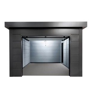 Anthrazitfarbene Fertiggarage 3654, 358x538 cm, mit geöffnetem Schiebetor.