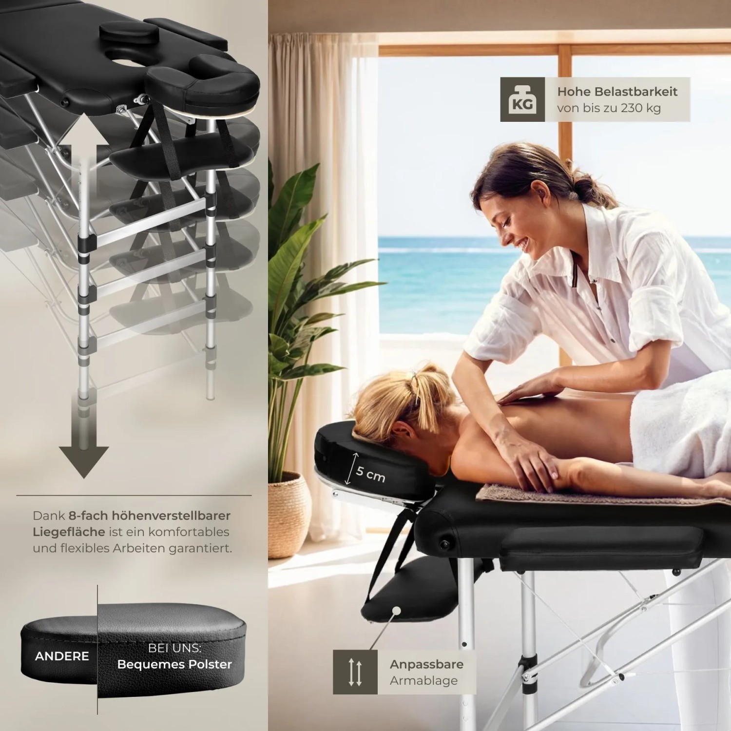 Schwarze Tectake Massageliege mit Zubehör und Person bei Anwendung.