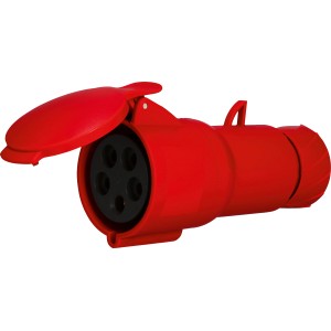 Rote Schneider Electric CEE-Kupplung 32A mit Schneidklemmen und geöffnetem Deckel.