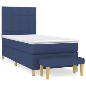 Blaues Boxspringbett 90x200 cm mit Matratze, Kopfteil und Bank.