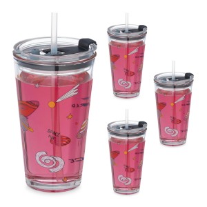 Relaxdays 4er Set Kindergläser Glas Transparent mit Deckel und Strohhalm Spülmaschinenfest 15 cm x 9 cm x 9,5 cm 420 g
