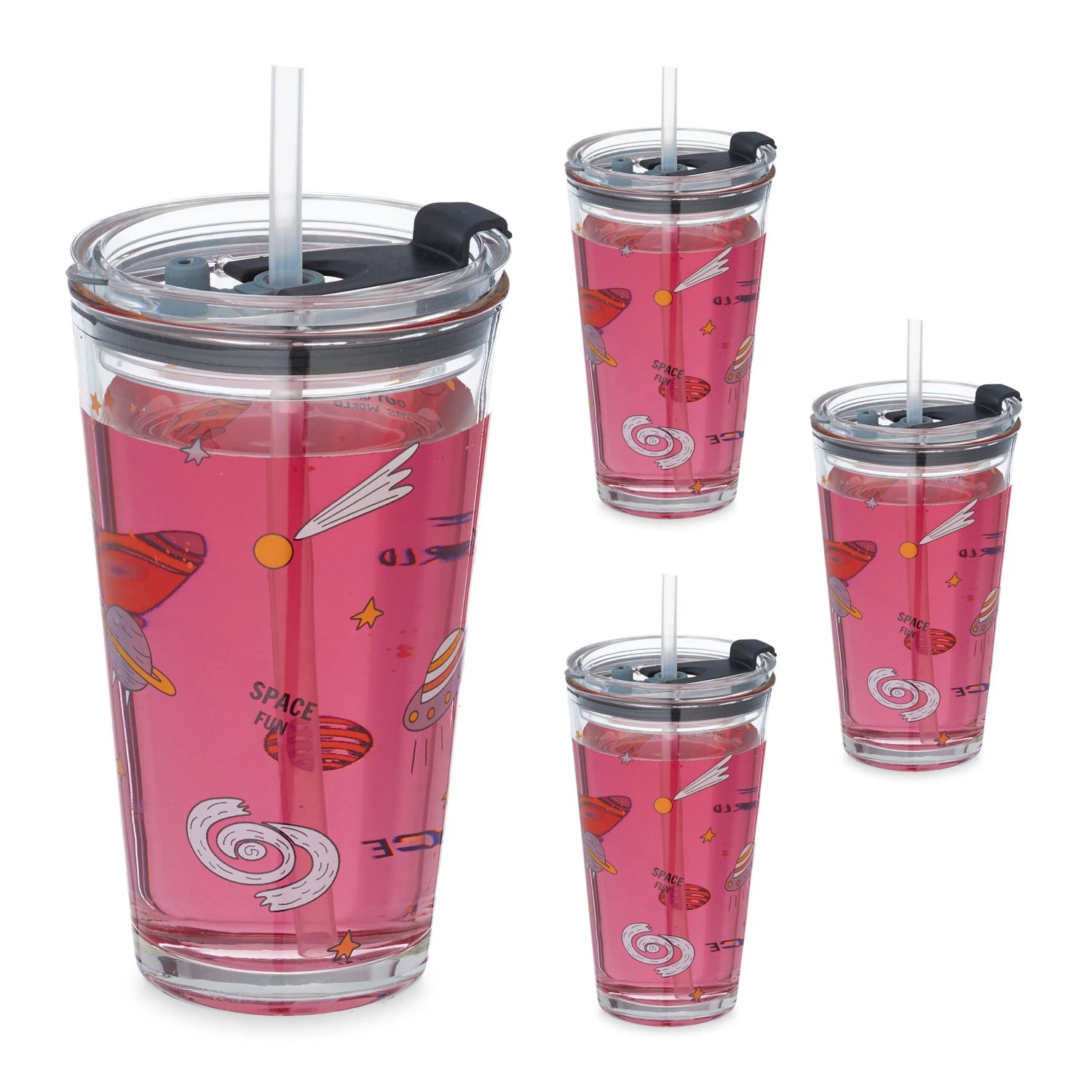 Relaxdays 4er Set Kindergläser Glas Transparent mit Deckel und Strohhalm Spülmaschinenfest 15 cm x 9 cm x 9,5 cm 420 g
