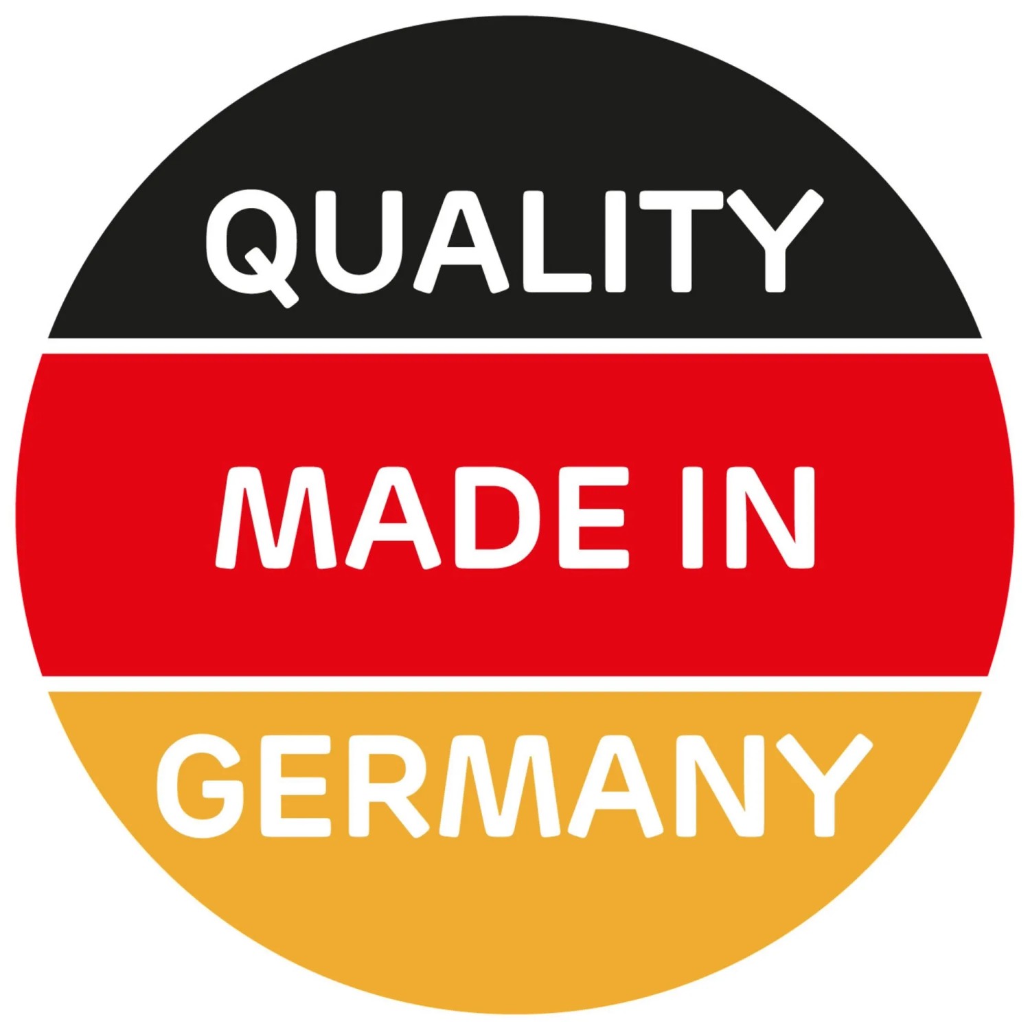 Qualitätssiegel: "Quality Made in Germany" in den Farben Schwarz, Rot und Gold.