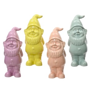 Keramik Deko-Zwerge, 4-fach sortiert in Lila, Gelb, Orange und Grün, 34,5 cm hoch.