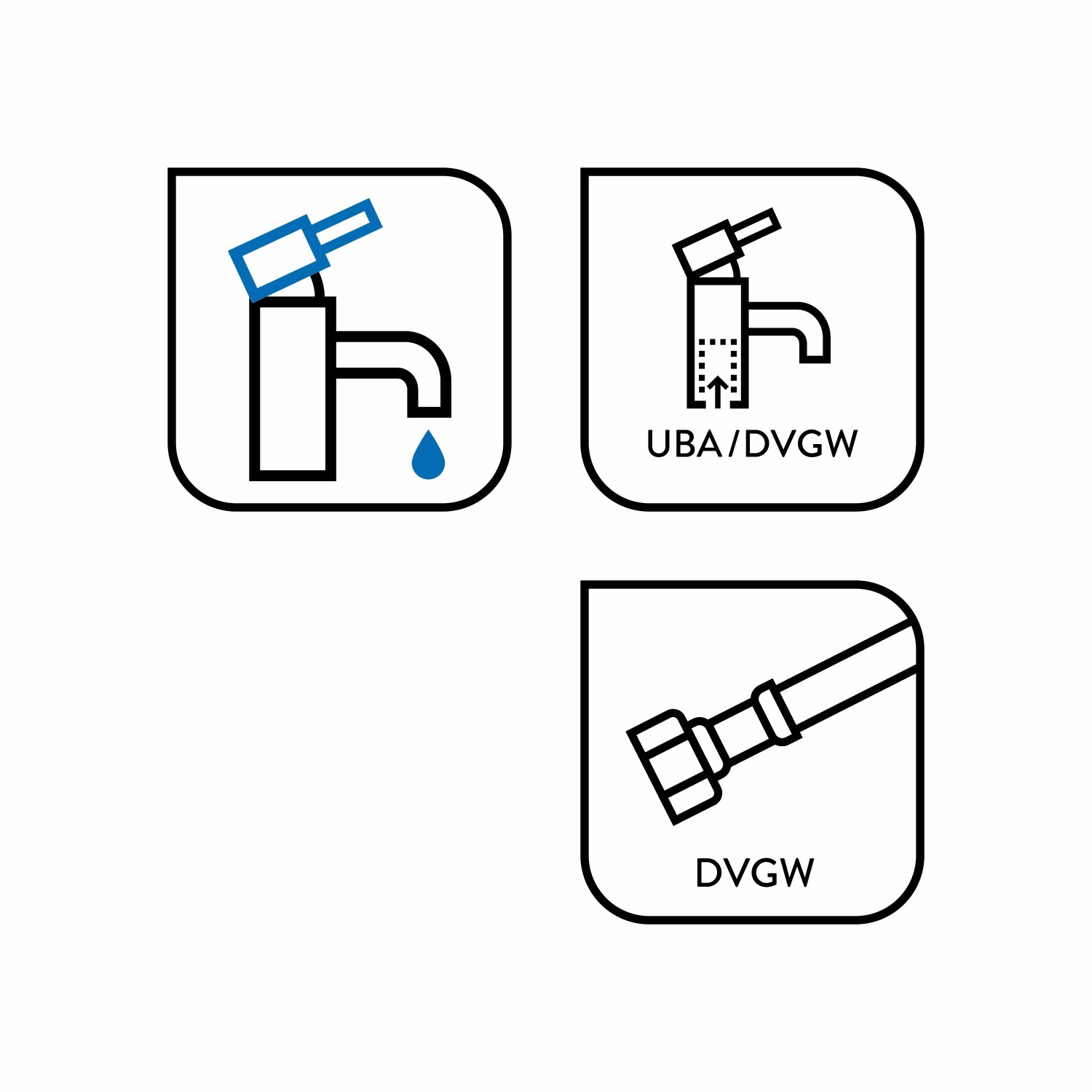 Icons für baliv Kaltwasserventil KV-4070 Chrom: Kaltwasser, UBA/DVGW-Zertifizierung, DVGW-Zertifizierung.