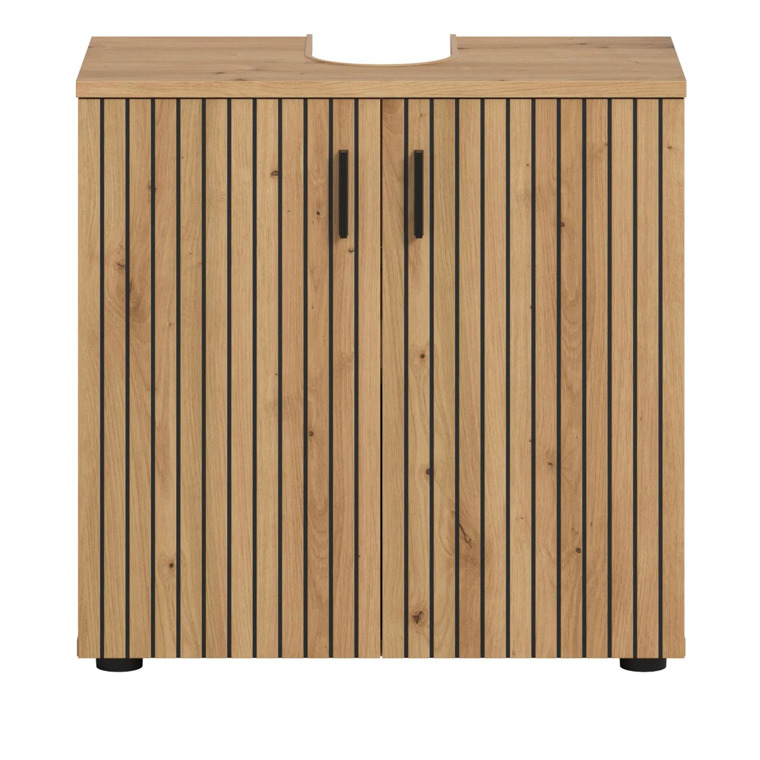 Moderner Waschbeckenunterschrank Livia in Artisan Eiche Dekor mit Leistenoptik, zwei Türen und schwarzen Griffen.