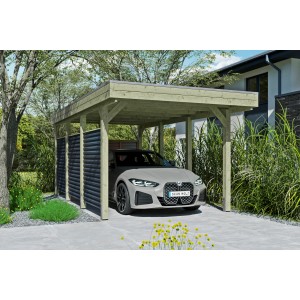 Skan Holz Carport Friesland Hybrid, grün, mit Seiten- und Rückwand aus Aluminium. Auto steht im Carport.