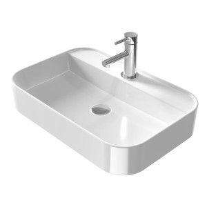 Modernes, eckiges Emke Handwaschbecken aus Keramik, 60x40 cm, als Aufsatzwaschbecken mit Hahnloch.