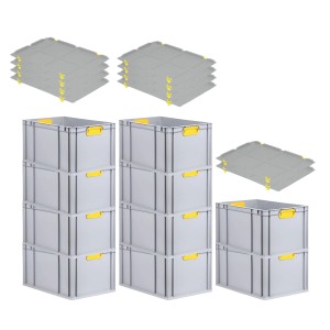 PROREGAL Spar Set: 10 graue Euroboxen mit gelben Griffen, inkl. Deckel, gestapelt.