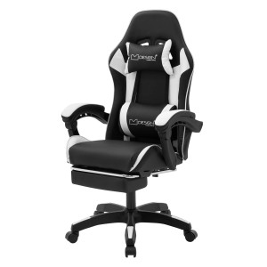 Schwarz-weißer Gaming Stuhl aus Kunstleder mit ausziehbarer Fußstütze, Nacken- und Lordosenkissen für Gamer.