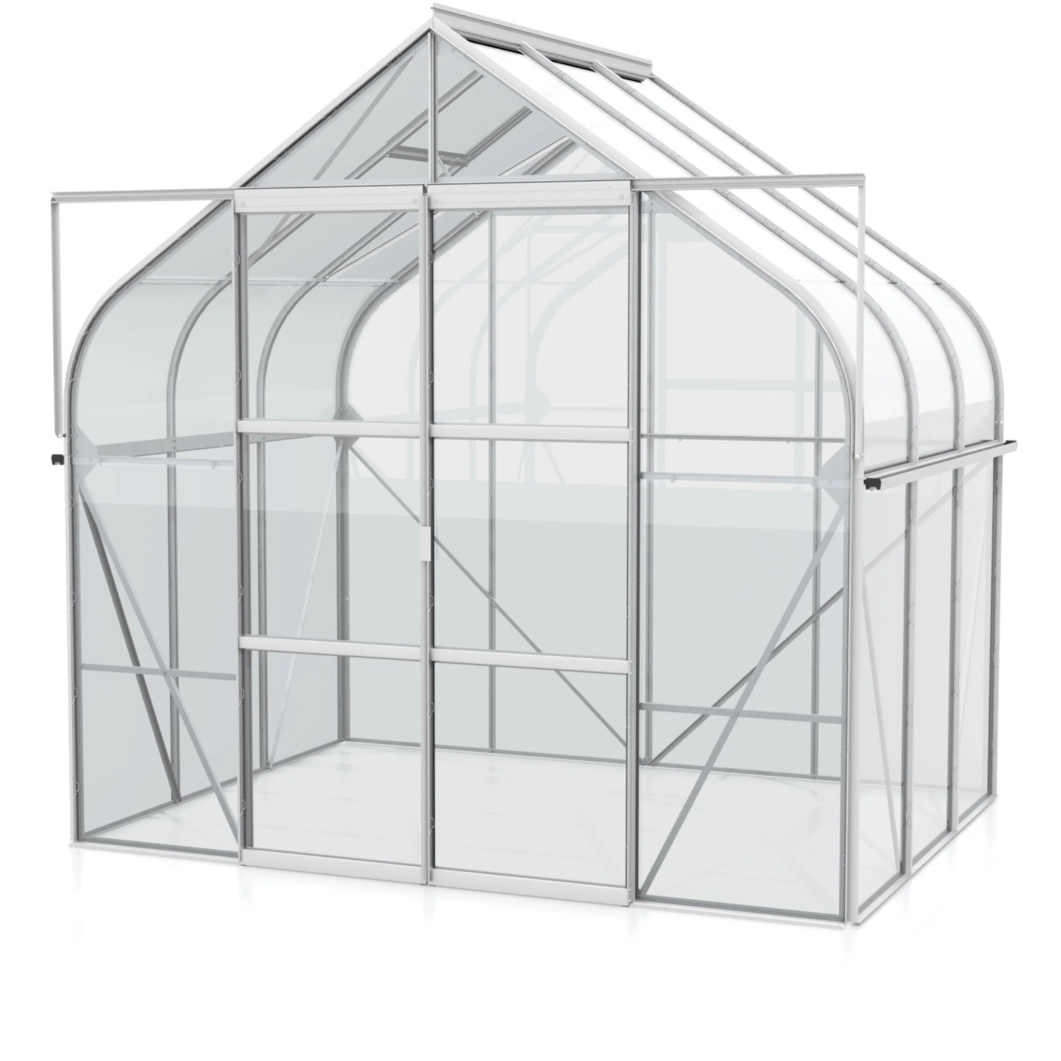 Gewächshaus Diana 5000 mit ESG Glas und Alu-Rahmen, Doppelschiebetür geöffnet.