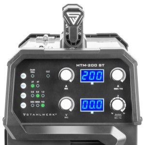 STAHLWERK MTM-200 ST Kombi-Schweißgerät, Bedienfeld mit Anzeigen und Einstellknöpfen.