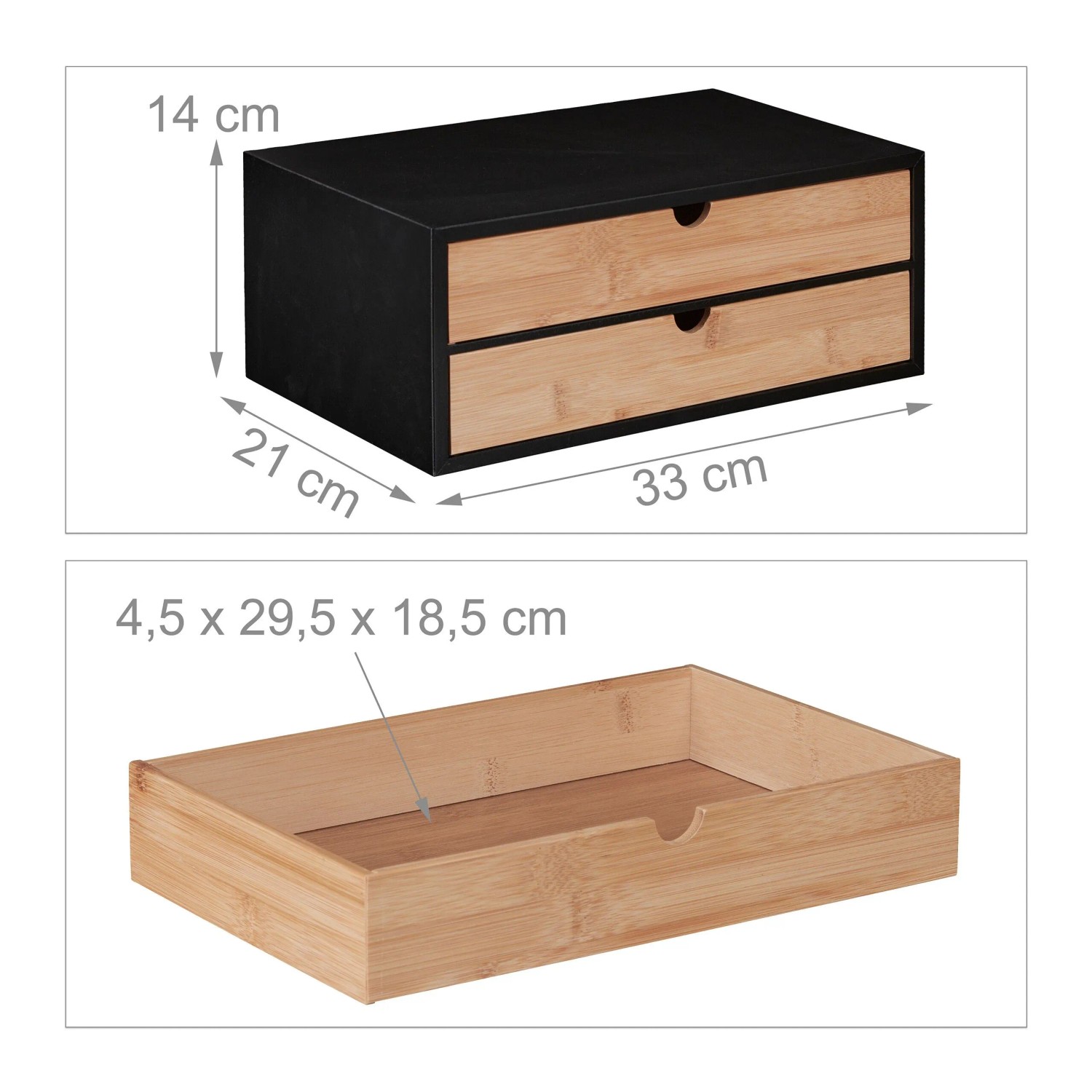 Relaxdays Schubladenbox Bambus MDF Schwarz Natur mit 2 Schubladen 14 cm x 33 cm x 21 cm 2,2 kg_4
