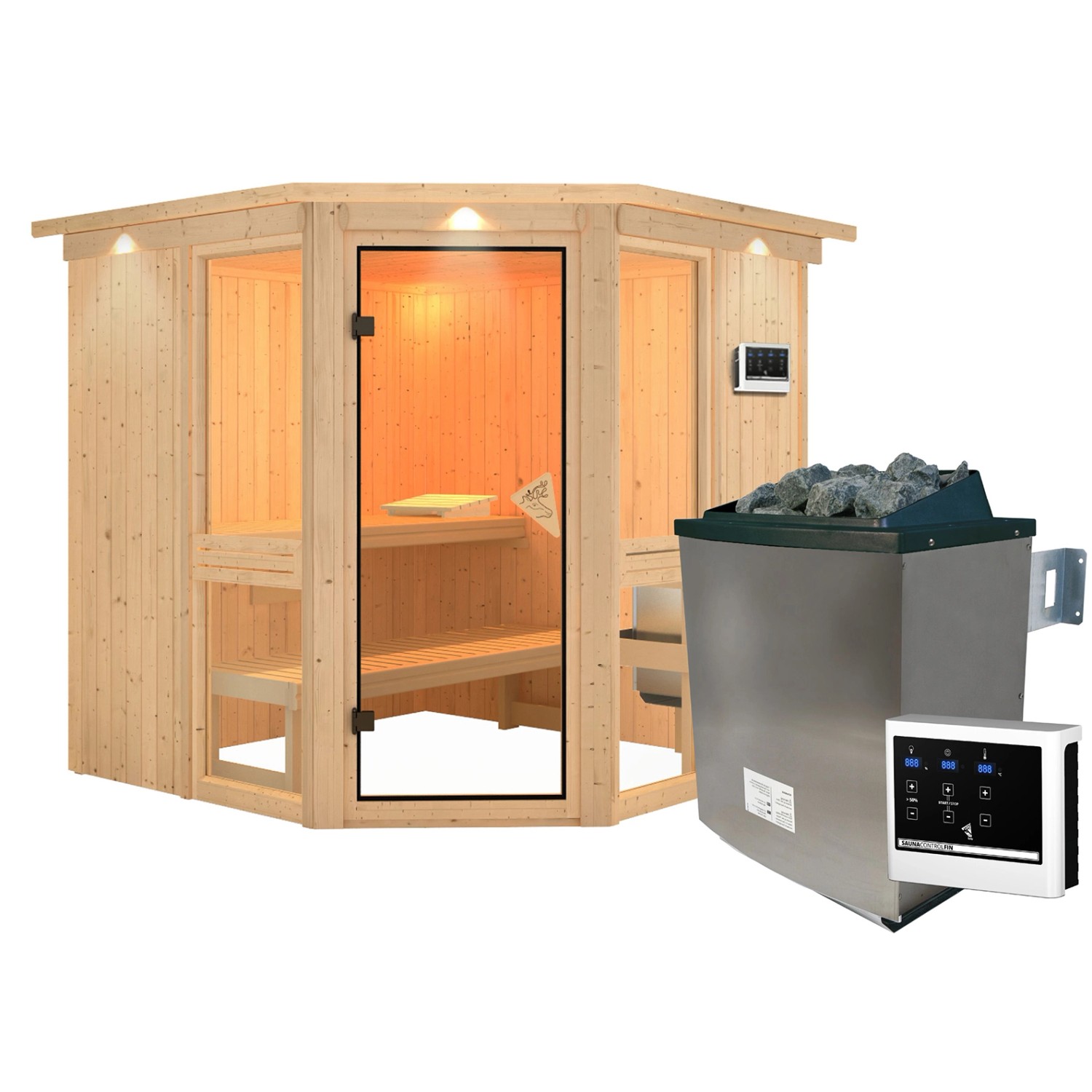 Karibu Sauna Anina 2 Zoll mit Kranz und Ofen 9 kW Bio Extern Naturbelassen günstig online kaufen