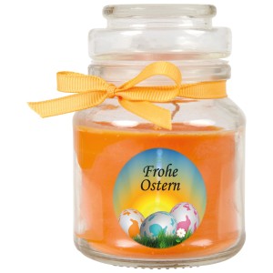 HS Candle Duftkerze Frohe Ostern Bonbon Ø7cm Honigmelone im Glas mit Schleife und Ostereier-Motiv.