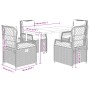 vidaXL 5-tlg. Garten-Essgruppe grau, Poly Rattan mit Tisch und 4 Stühlen mit Kissen, Maße eingezeichnet.