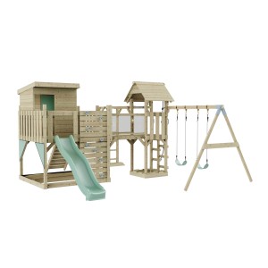OutdoorToys Spielturm Malou mit Schaukel, Rutsche, Kletterwand und Spielhaus in Mintgrün.