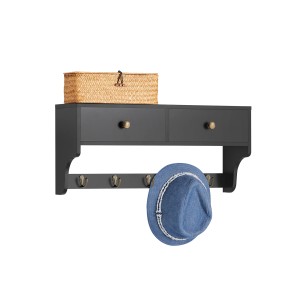 Schwarze Wandgarderobe mit 2 Schubladen und 5 Haken. Inklusive Korb und Hut.