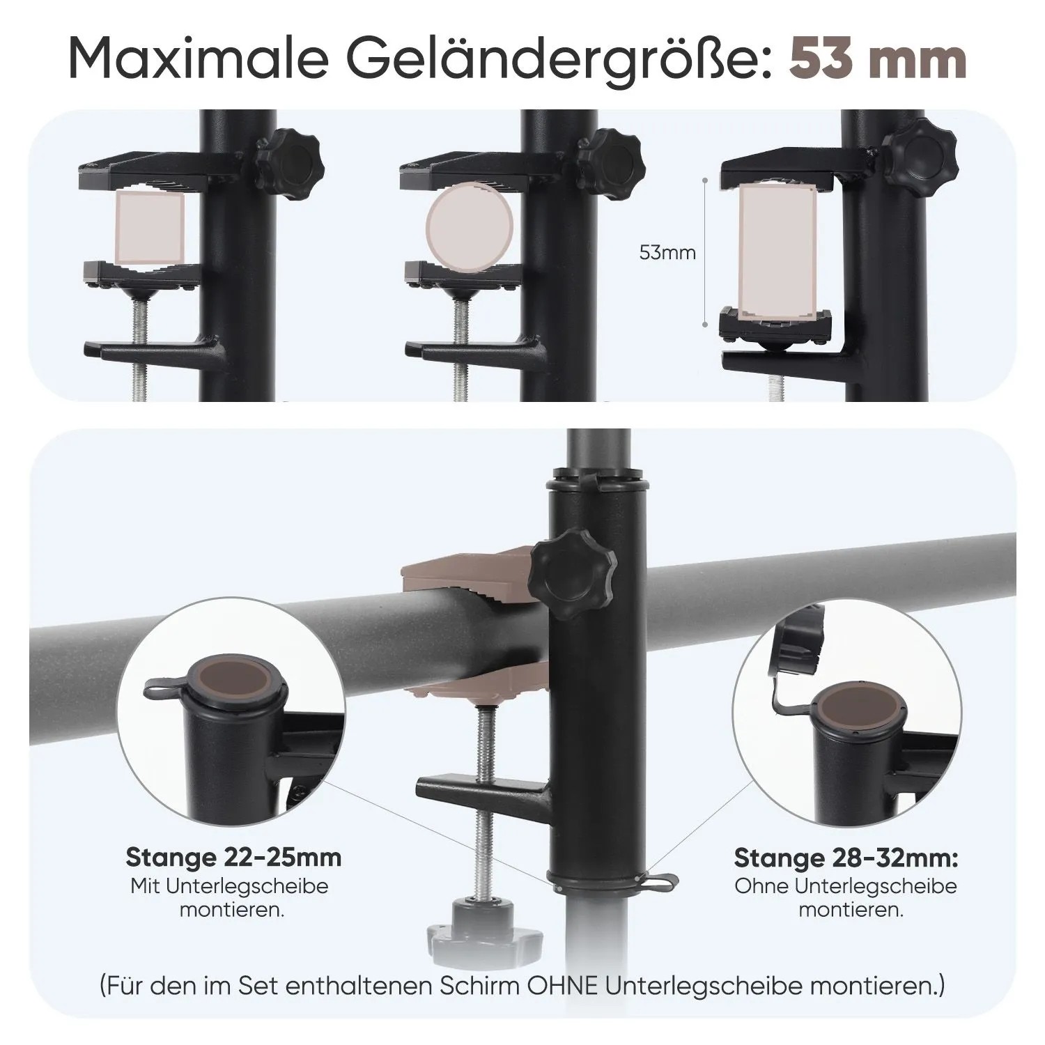 Details zur Befestigung des Sekey Sonnenschirms am Balkongeländer.