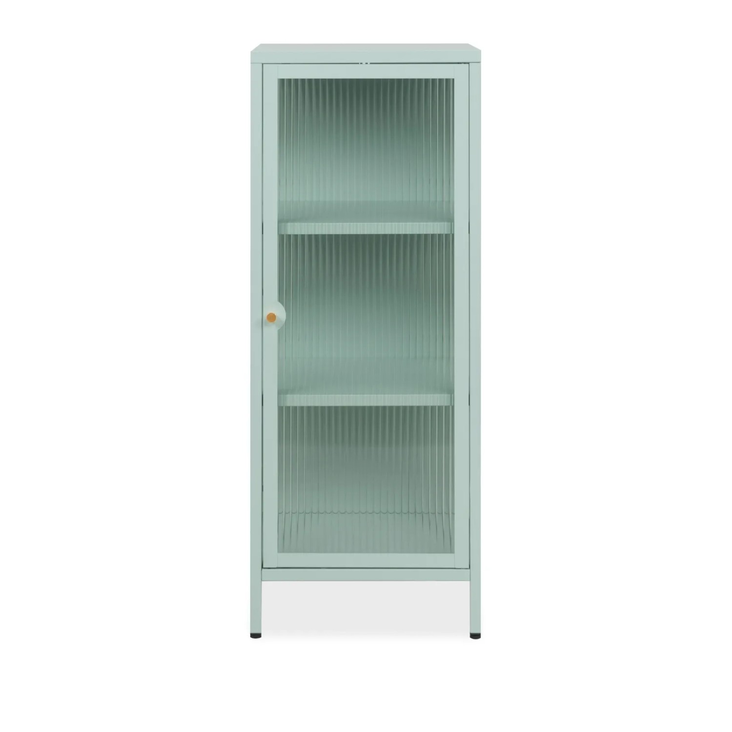 Mintgrüne Metall Vitrine Maram, 40x102 cm, mit Glasrahmentür und 3 Fächern.