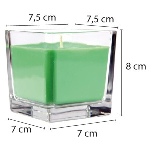 Grüne HS Candle Duftkerze im Glas, viereckig, mit Osterhase & Ei Motiv, ca. 50h Brenndauer.
