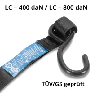 Schwarzer STAHLWERK Ratschengurt mit Haken, LC 800 daN, TÜV/GS geprüft. Ideal zur Ladungssicherung.